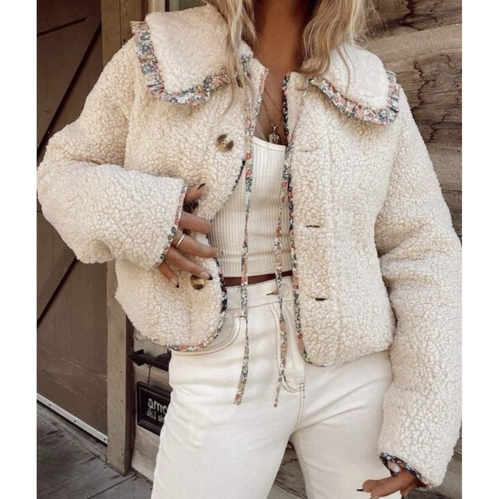 Mable Womens L Cream Sherpa Teddy Jacket Floral Trim Button Front Cropped